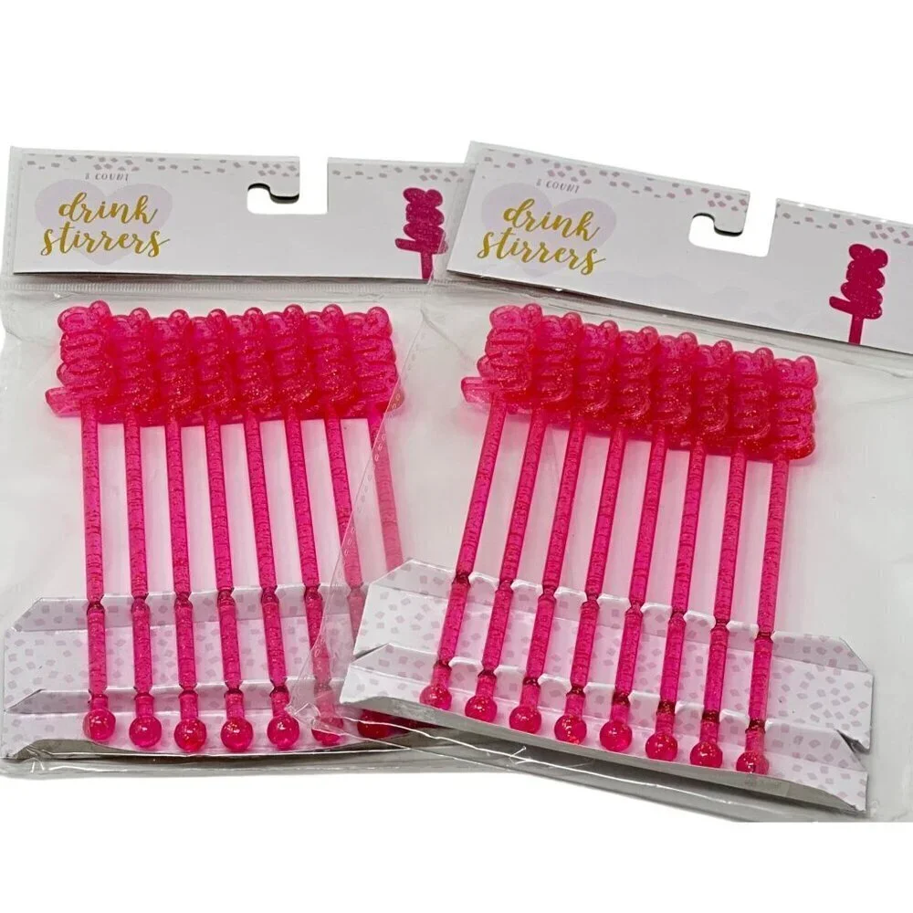 Hot Pink Love Glitter Drink Stirrers Swizzlers  2 Packs Valentine Bar Cart Decor
